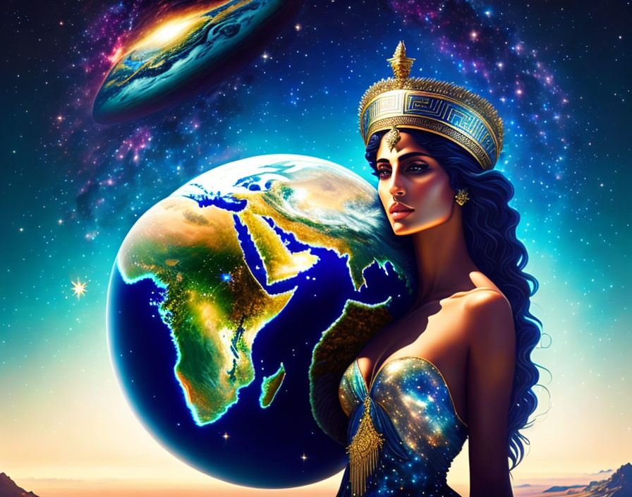 Illustrated cosmic woman representing Earth in celestial attire