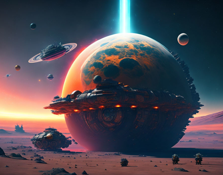 Futuristic sci-fi scene with spaceships, planet with ring, moons, desert, and light