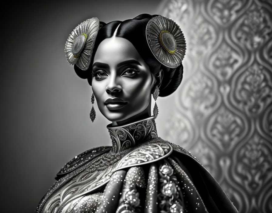 Detailed grayscale portrait of a woman with elaborate hair accessories and ornate attire.