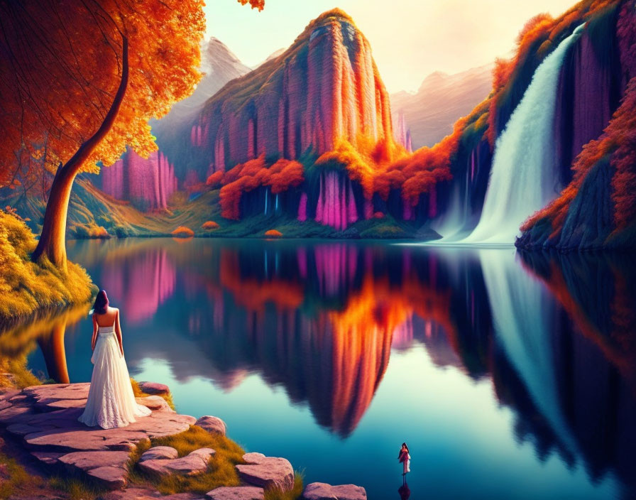 Woman in white dress by serene lake with waterfall, colorful foliage at sunset