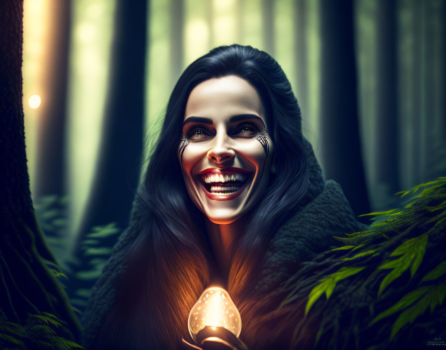 Woman with eerie smile holding lightbulb in dark forest ambiance