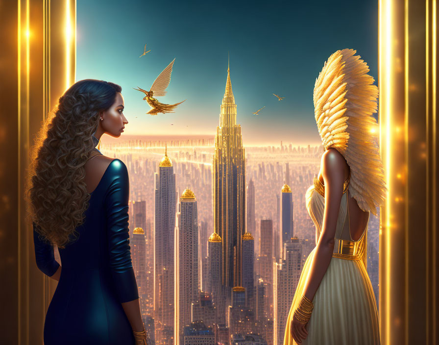 Two women on balcony with golden cityscape and skyscraper.