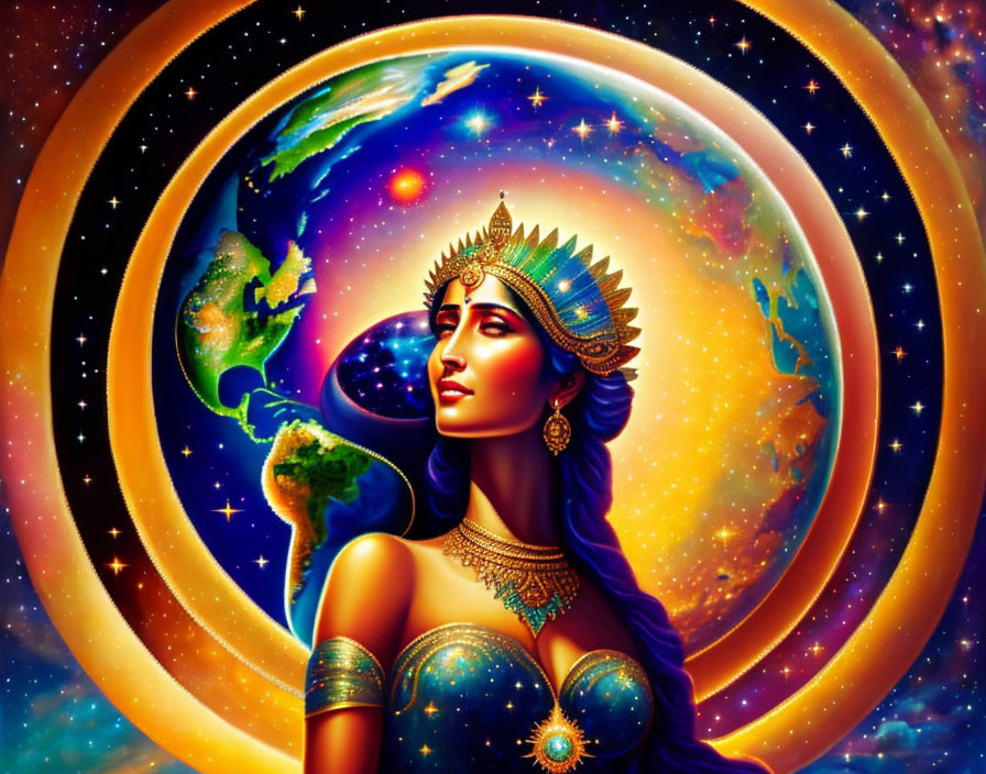 Cosmic woman with celestial jewelry and Earth backdrop