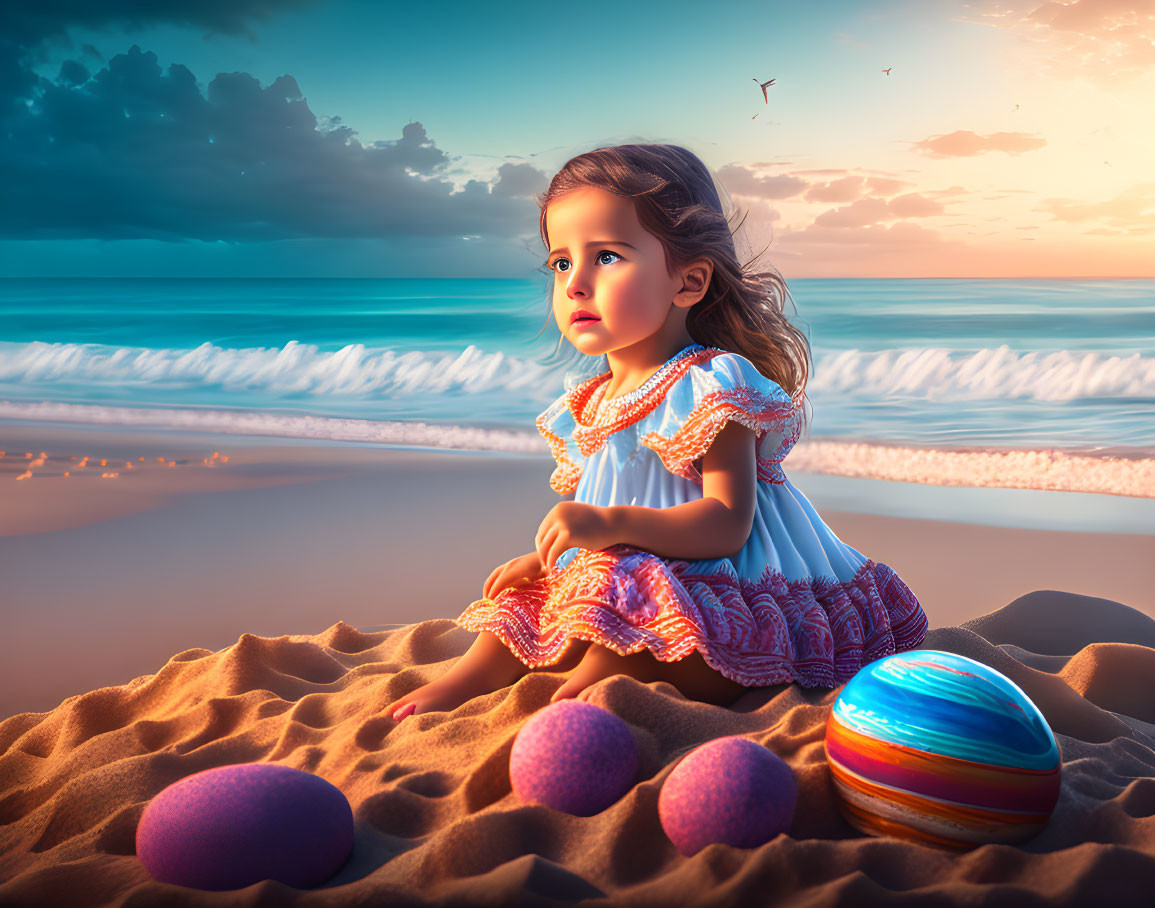 Young girl in colorful dress on sandy beach at sunset with whimsical large eggs, gazing at sea