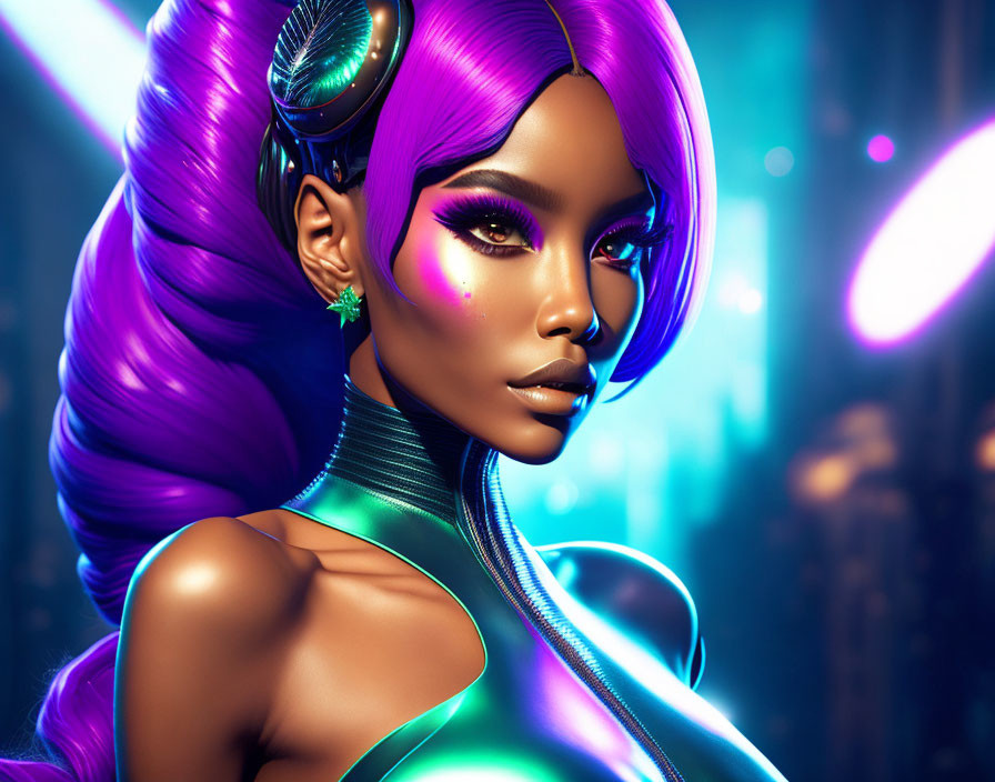 Vibrant purple hair and metallic green clothing in futuristic setting