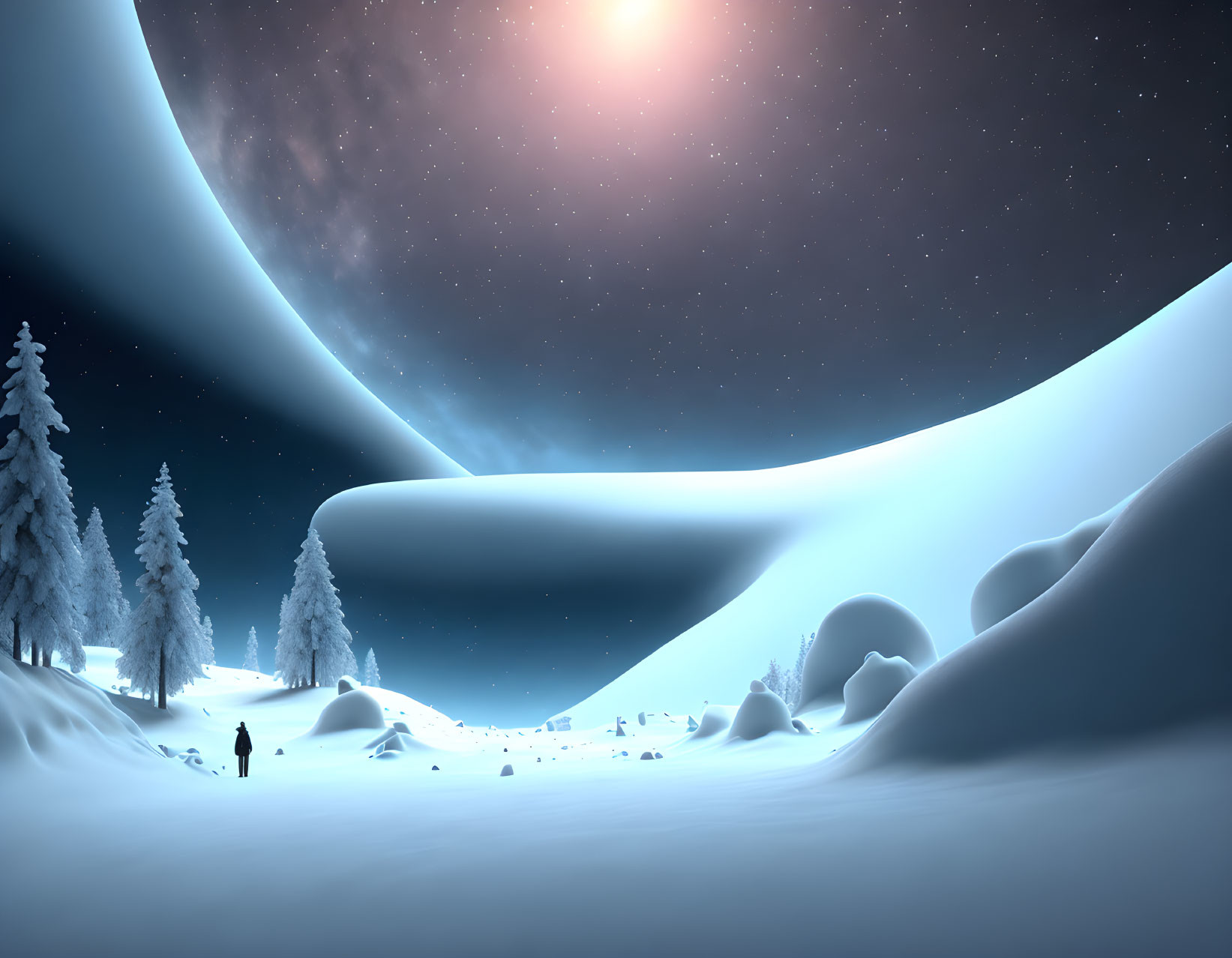 Person in Snowy Landscape under Surreal Night Sky