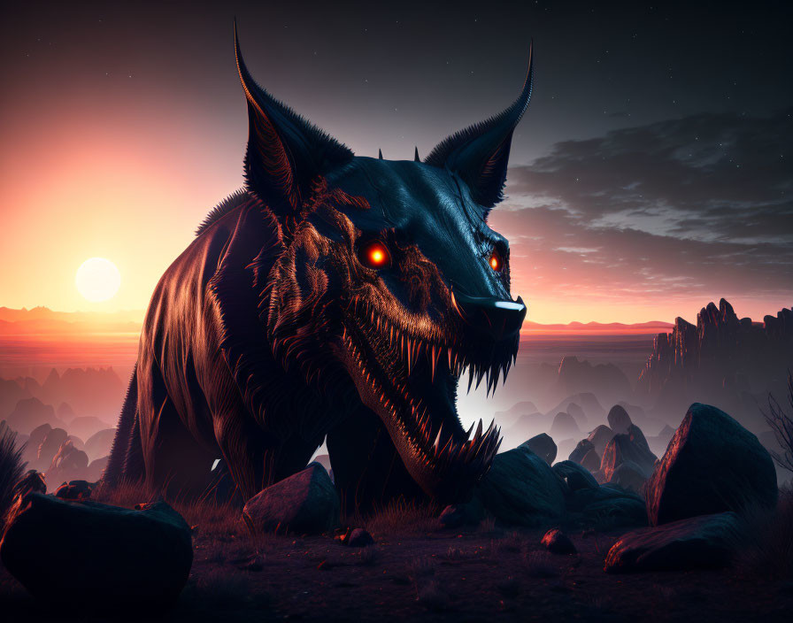 Menacing black wolf with red eyes in rocky landscape at dusk