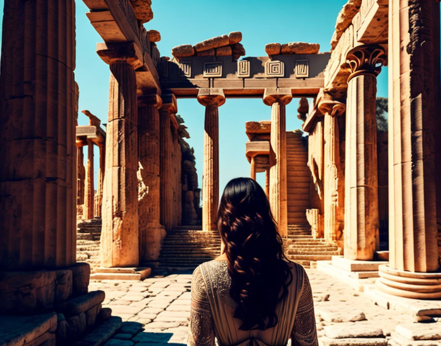 Long-haired woman gazes at ancient ruins with towering columns and architraves under clear blue sky.