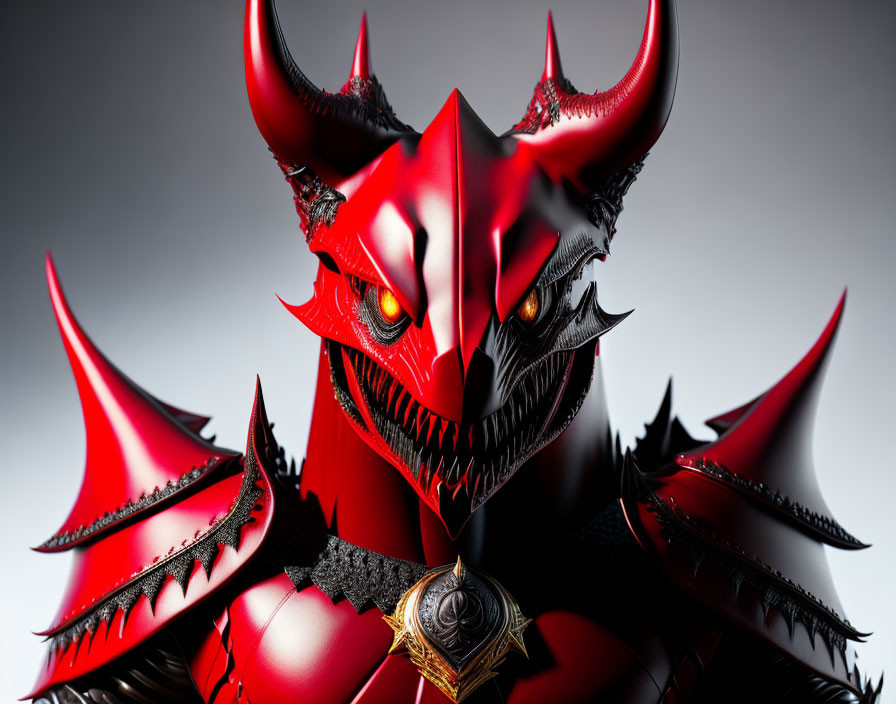 Detailed red and black armored character with horns and spiky armor.