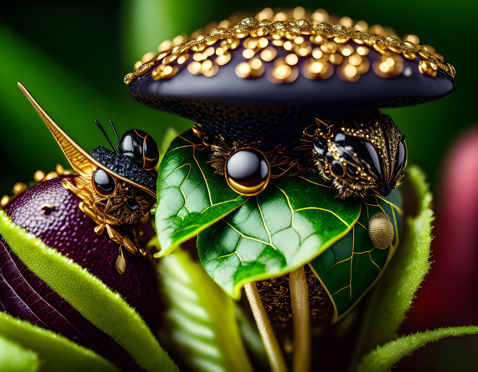 Macro Shot of Metallic Robotic Insects on Vibrant Plant