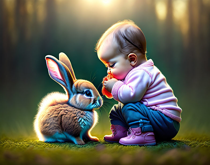 Toddler in pink clothes touching large rabbit in illuminated field