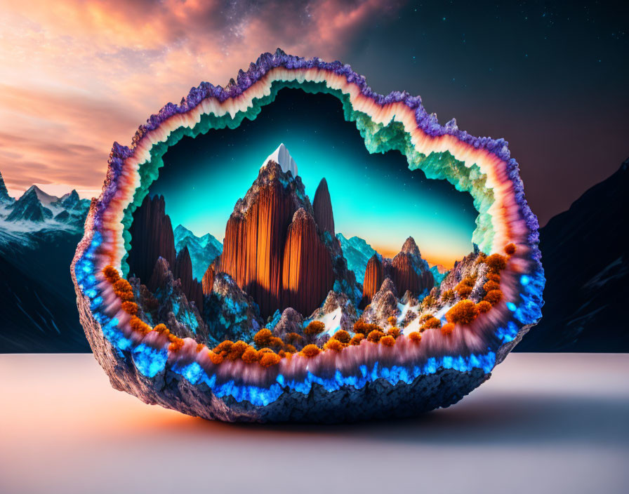 Surreal geode landscape with towering mountains and starry sky