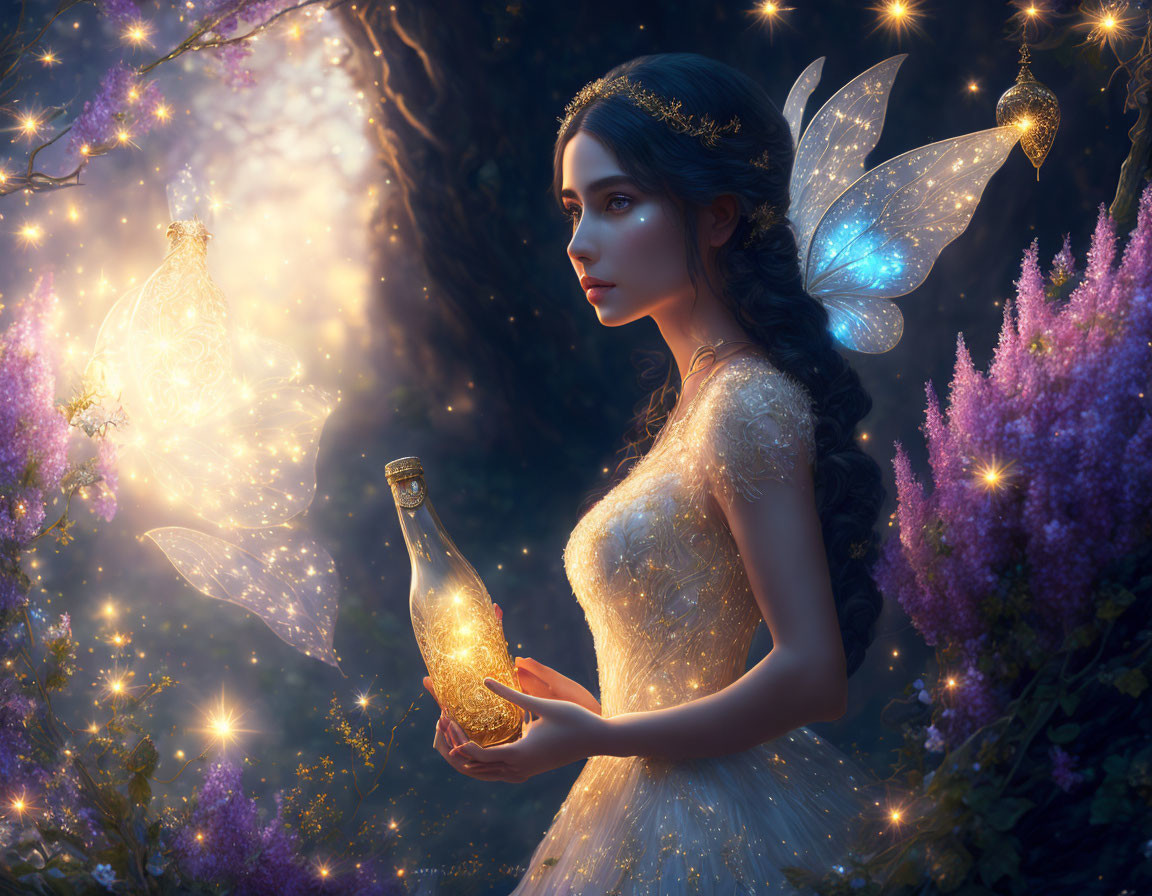 Translucent-winged fairy in enchanted forest with glowing bottle