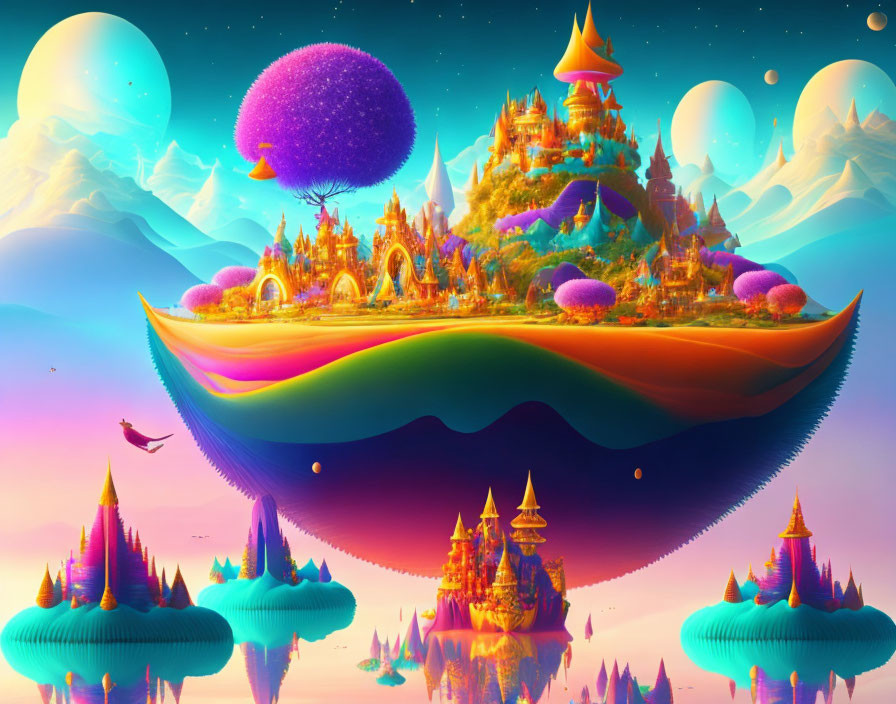 Colorful fantasy landscape on floating island with celestial backdrop