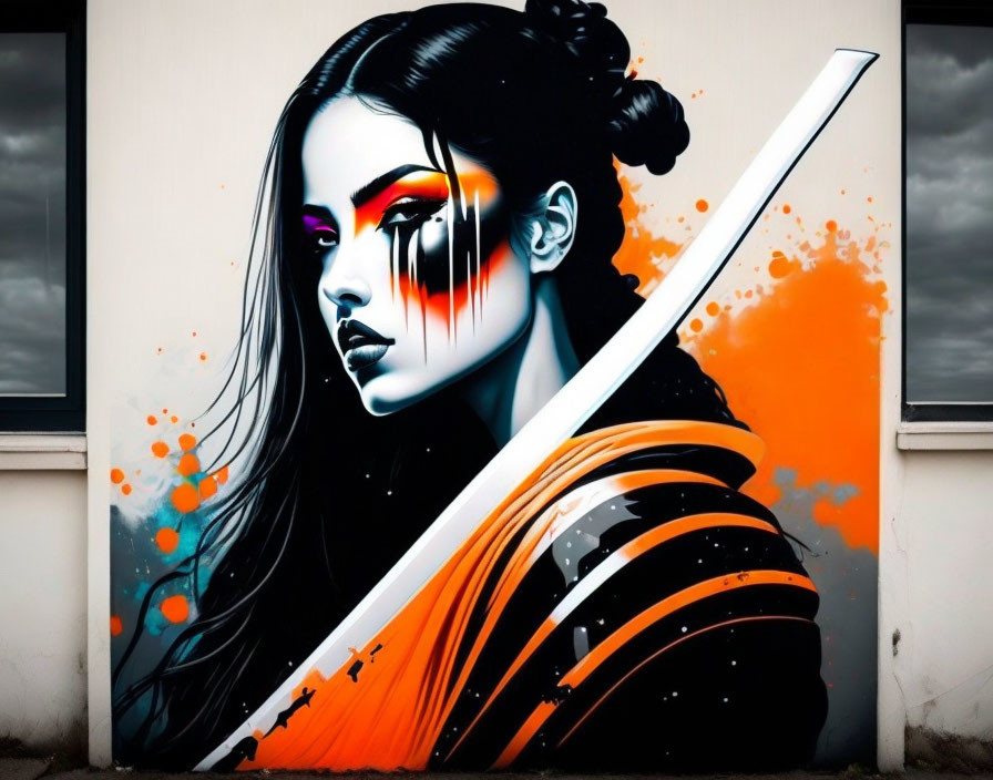 Colorful mural: woman with dramatic makeup and samurai sword on white background