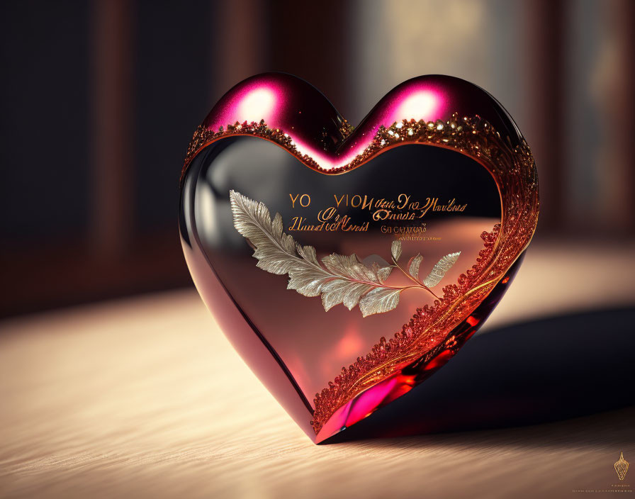 Golden Engraved Heart-Shaped Object with Leaf Motif on Wooden Surface