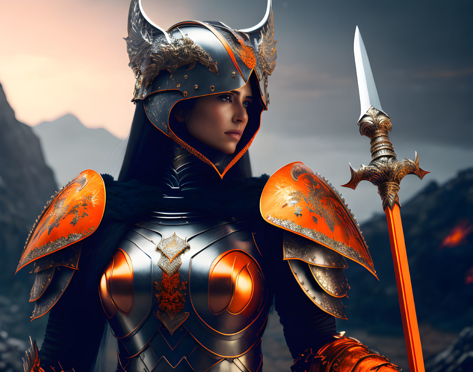 Female warrior in medieval armor with sword in rocky lava setting