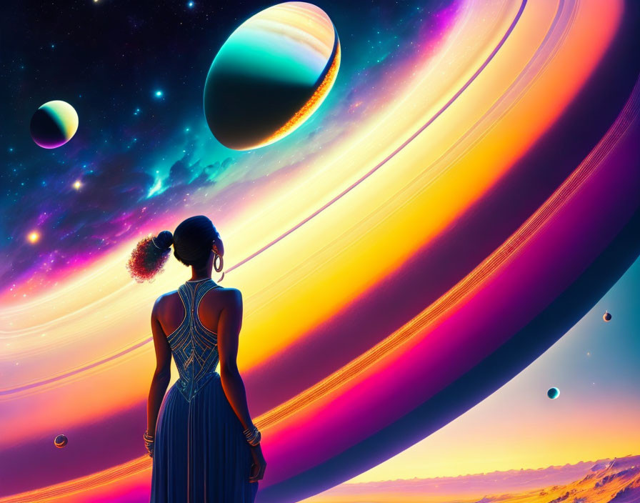 Woman admiring vibrant sci-fi landscape with planets, rings, and nebula.