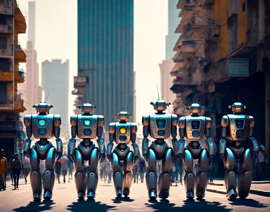 Futuristic robots marching in urban street with high-rise buildings.