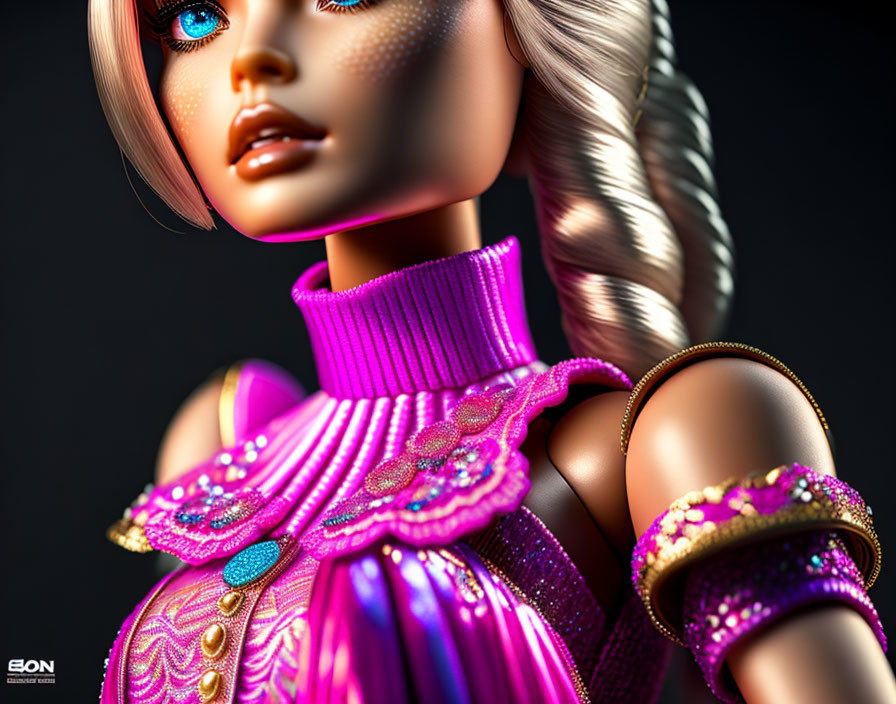 Detailed close-up of glamorous digital avatar in sparkly purple outfit with blue eyes and gold bracelets.