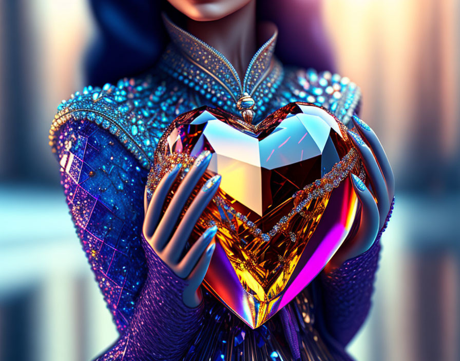 Shimmering blue outfit person holding heart-shaped crystal