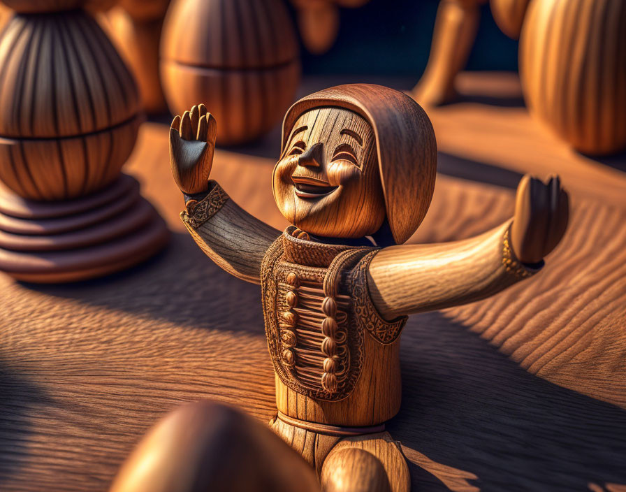 Wooden figure with joyous expression among other objects on table