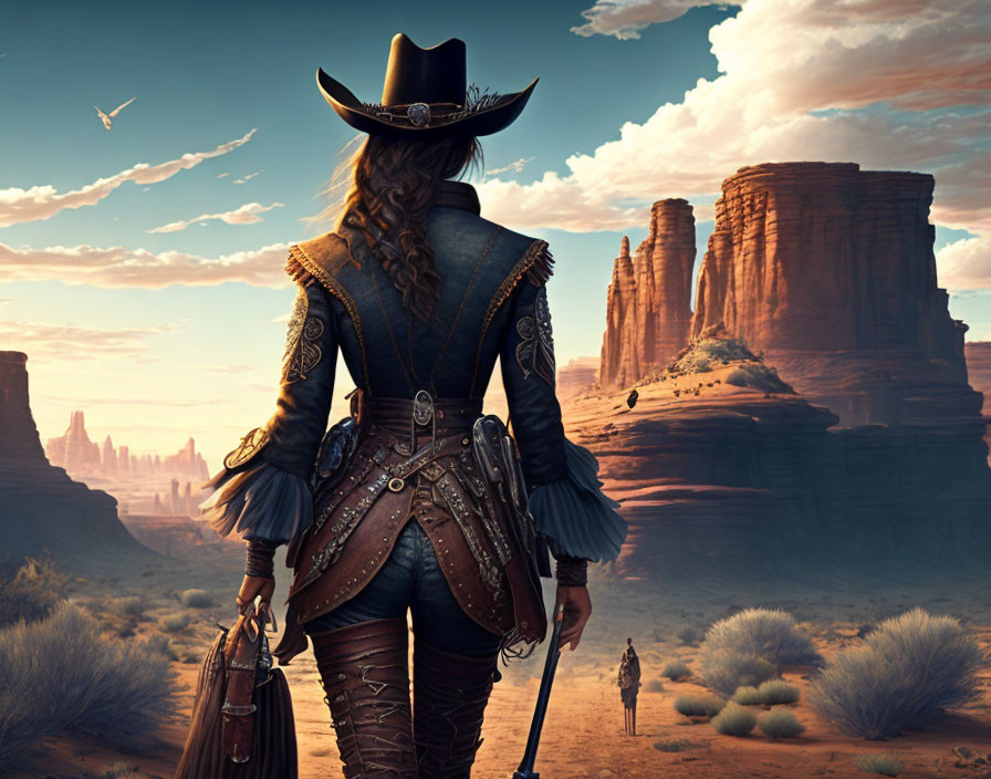 Cowboy with Braided Hair in Desert Landscape with Red Rock Formations