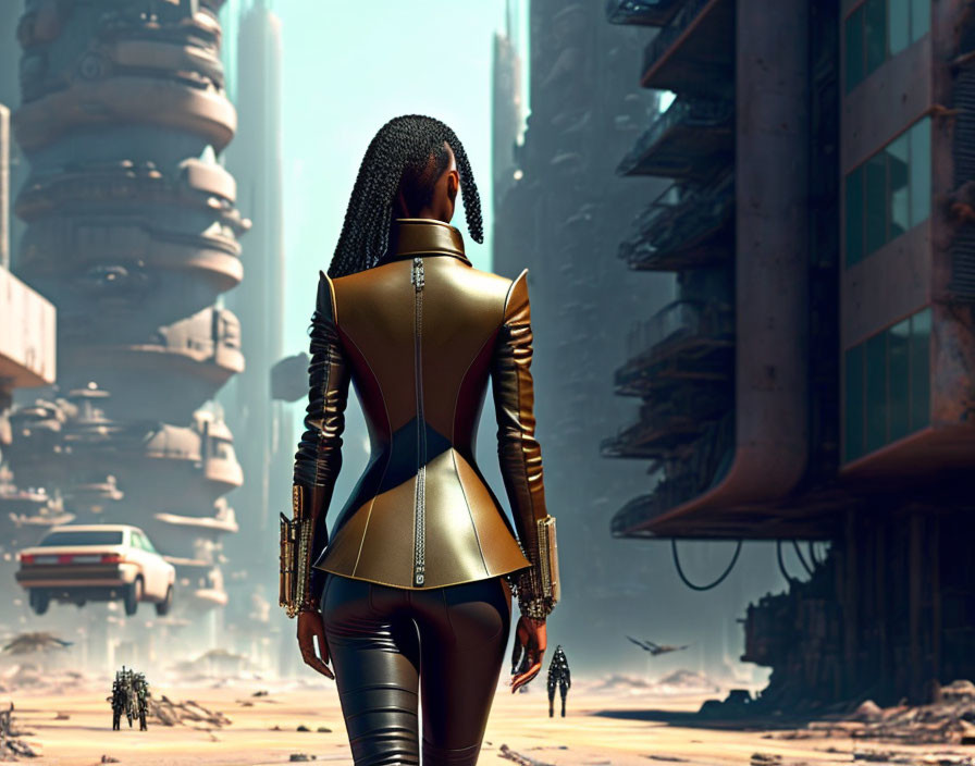 Futuristic woman with braided hair in gold and black outfit in urban landscape