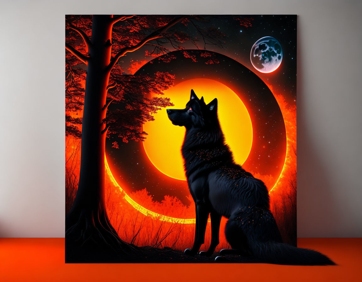 Majestic wolf under glowing orange and red ring with full moon in starry sky