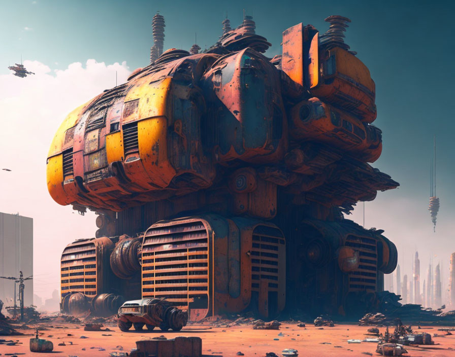 Weathered futuristic vehicle in post-apocalyptic desert landscape