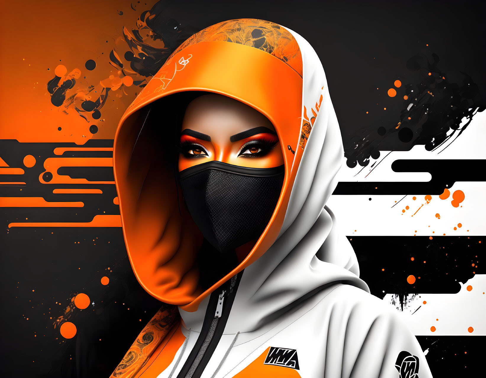 Person in Hoodie with Face Mask: Digital Artwork with Orange and Black Splashes