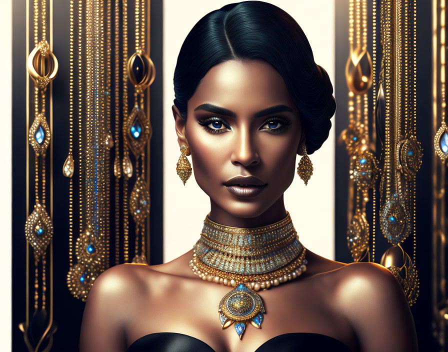 Digital artwork: Woman with striking makeup in glamorous black attire against golden teardrop backdrop