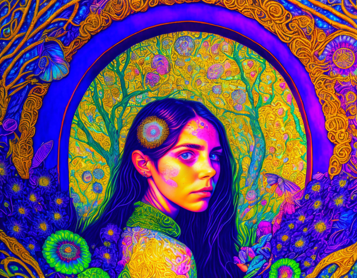 Colorful portrait of woman with neon colors and intricate patterns in psychedelic floral setting