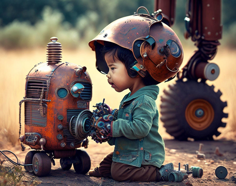 Child with astronaut helmet beside whimsical robot in rustic setting working on mechanical project