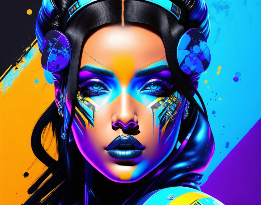 Colorful digital artwork of female figure with futuristic makeup and headphones in blue and orange hues on dynamic purple