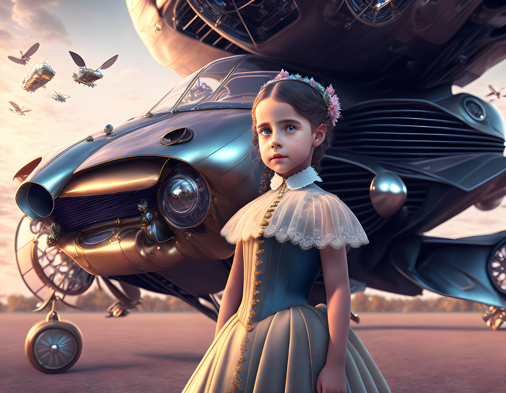 Young girl in vintage dress with steampunk airship and mechanical bees in dusky sky