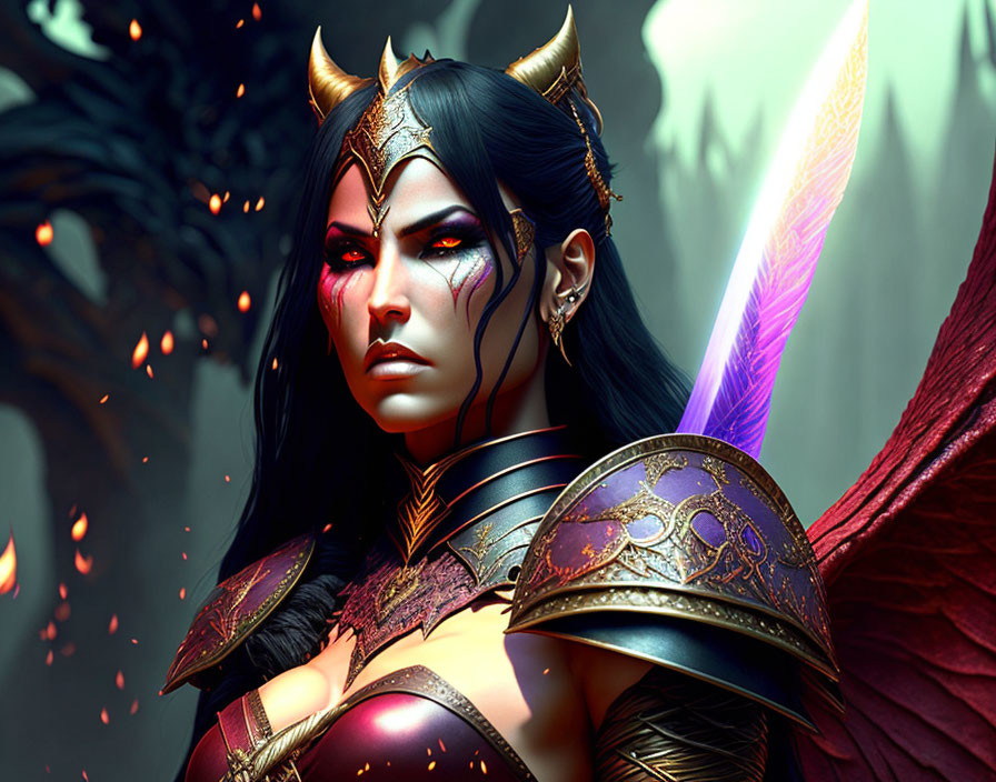 Fantasy female warrior with horns in glowing armor.