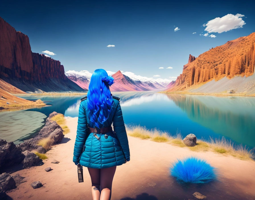 Vibrant blue-haired person by serene lake and red cliffs