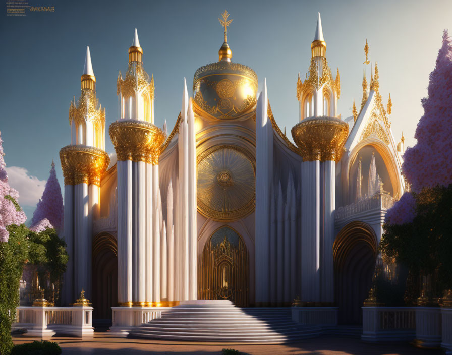 Majestic fantasy palace with golden spires and intricate architecture in soft sunlight