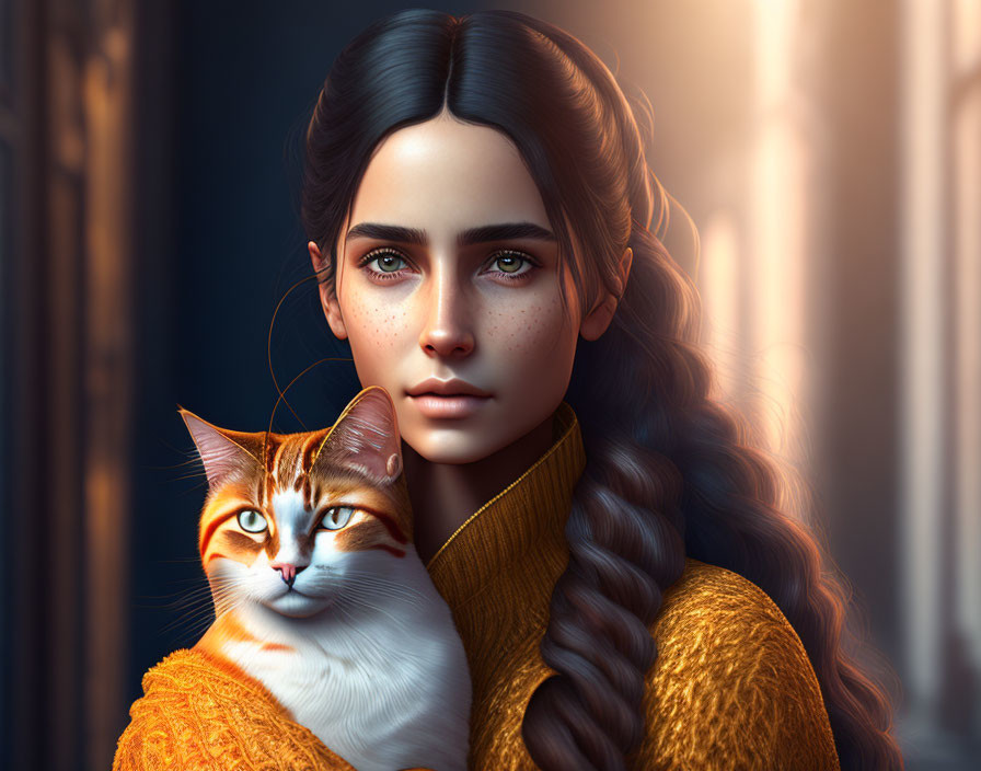 Woman with braided hair holding orange and white cat in sunlight.