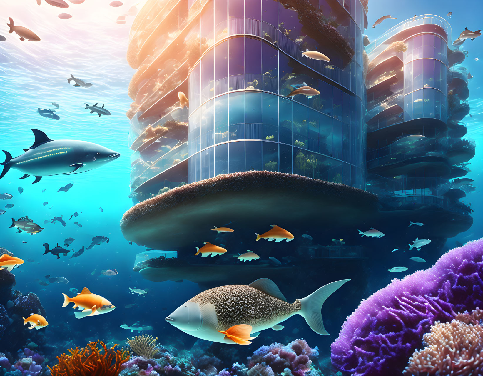 Colorful Coral Reefs and Modern Buildings in Underwater Cityscape