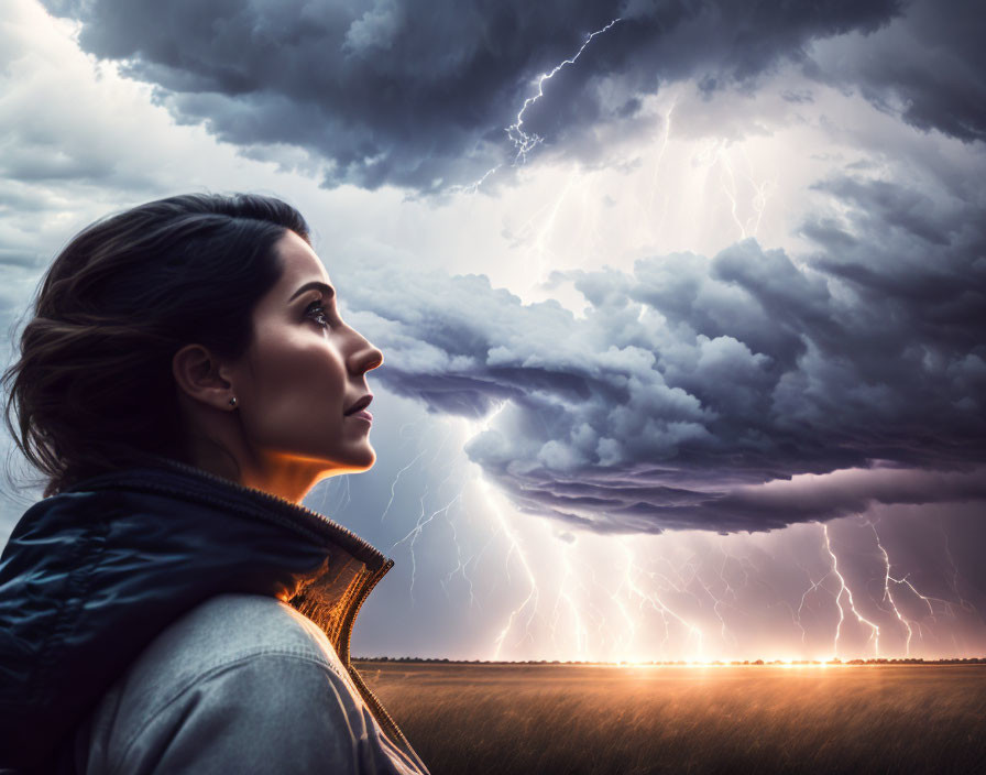 Profile of woman gazing at stormy sky with lightning.