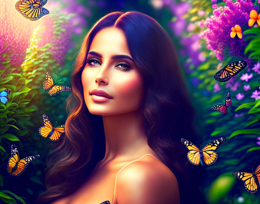 Woman with Long Hair Surrounded by Butterflies and Flowers