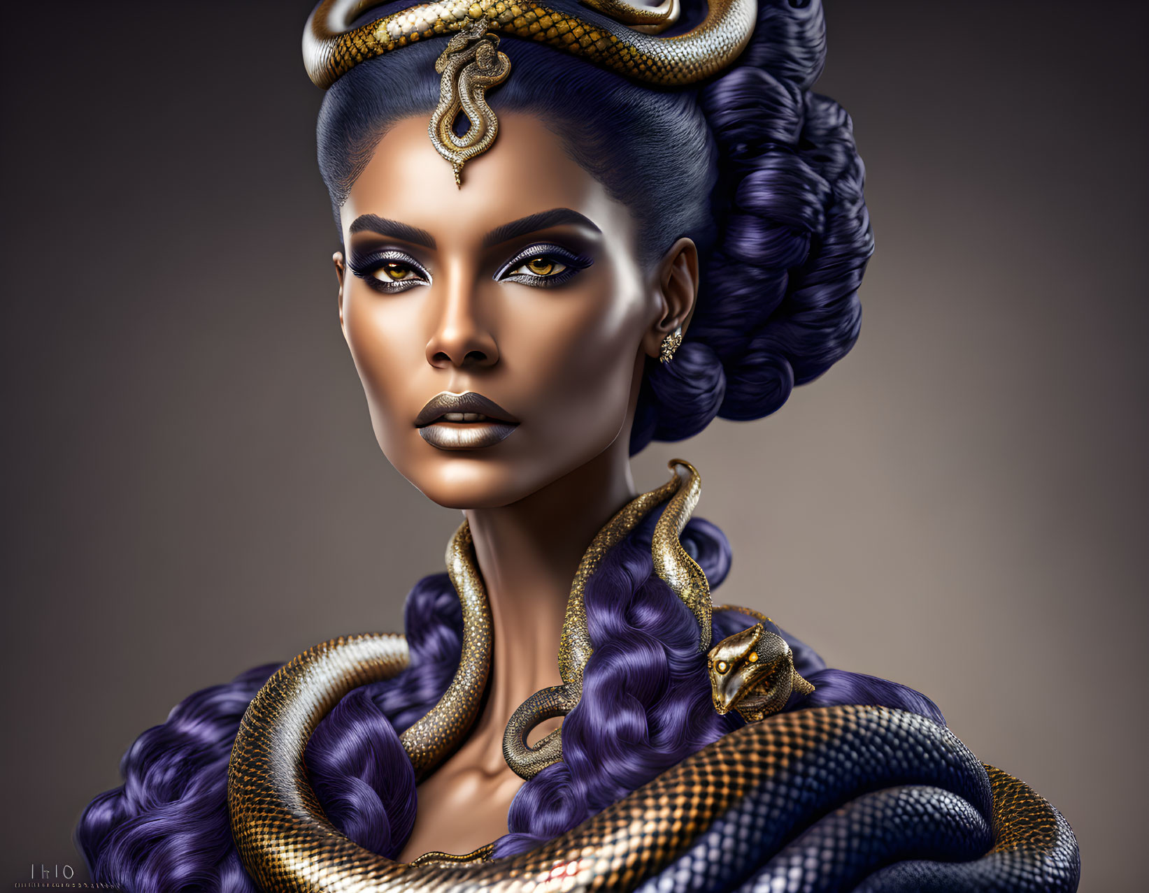 Regal blue-skinned woman with gold jewelry and purple hair portrait