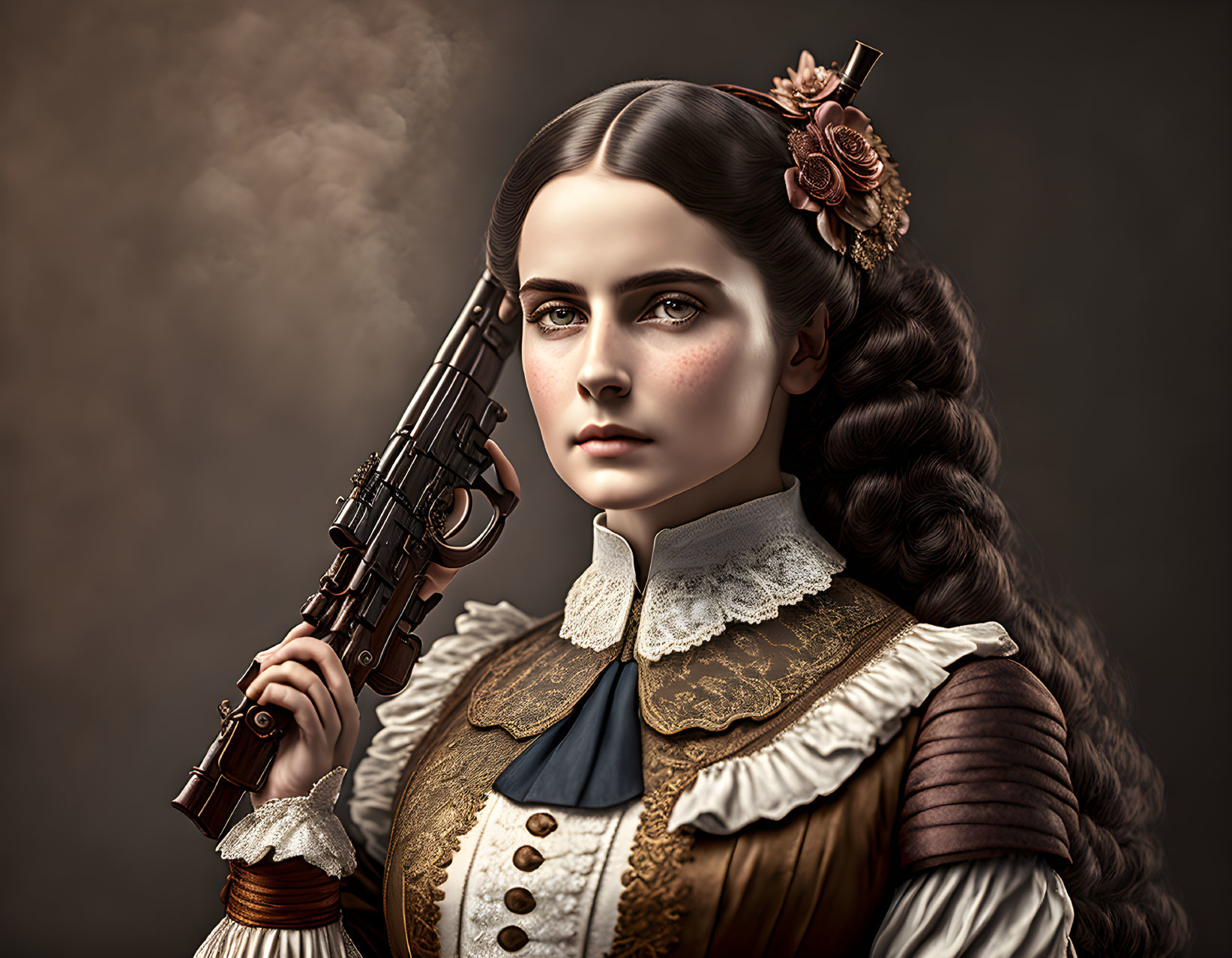 Victorian-era woman with steampunk style and gun, floral hairpiece