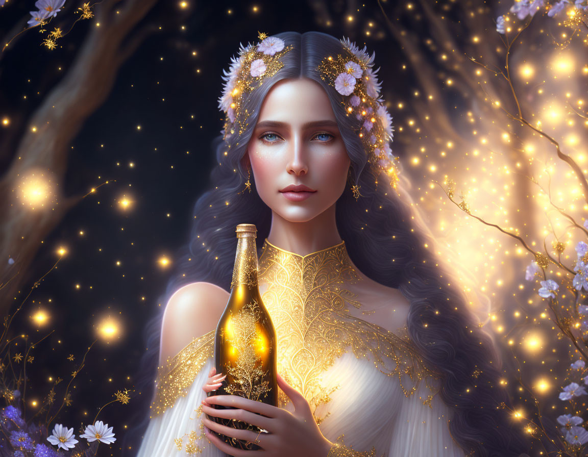 Mystical woman with floral crown holding glowing bottle amidst lights and blossoms