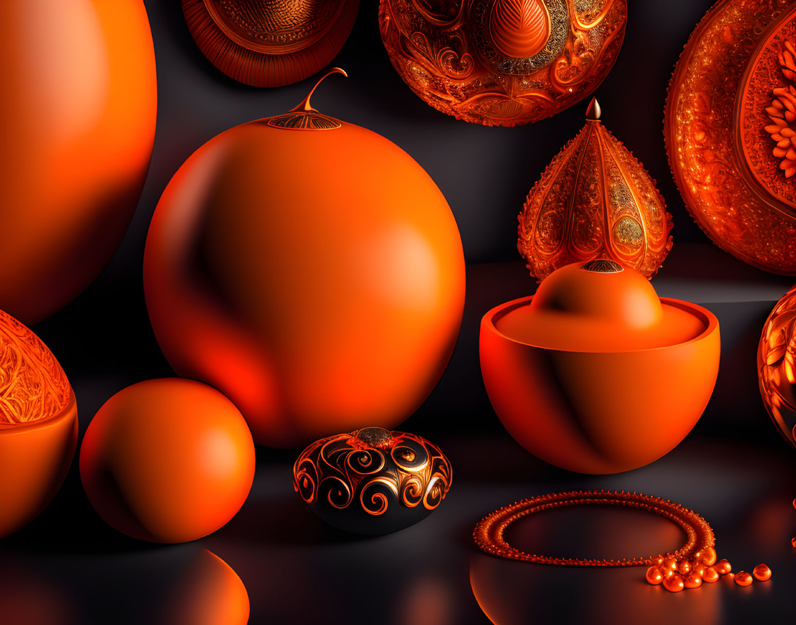 Orange Spheres and Patterned Objects on Dark Background