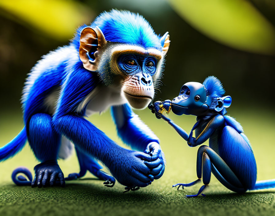 Colorful Illustration: Two Monkeys with Bright Blue Fur Communicating