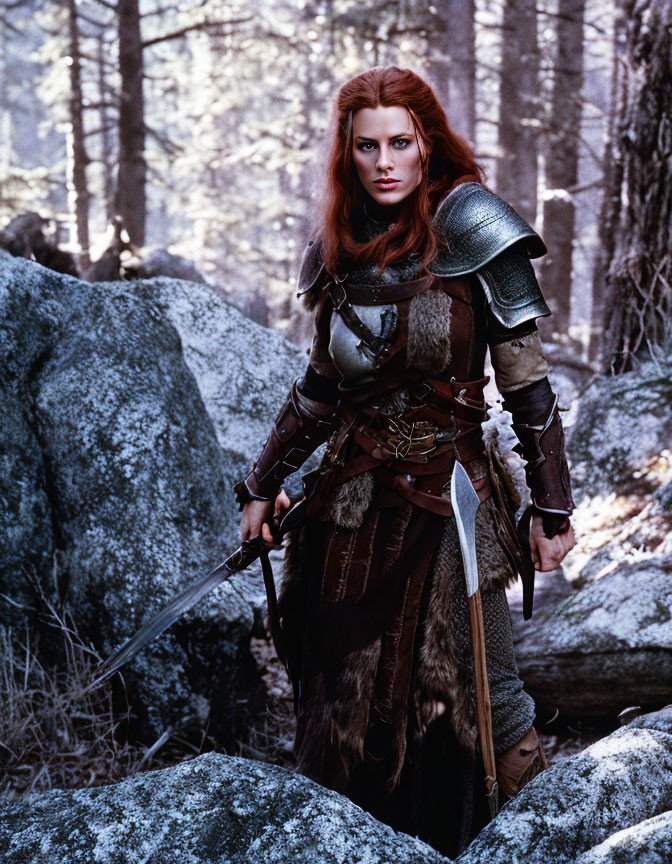 Red-haired woman in medieval warrior costume with sword among forest rocks