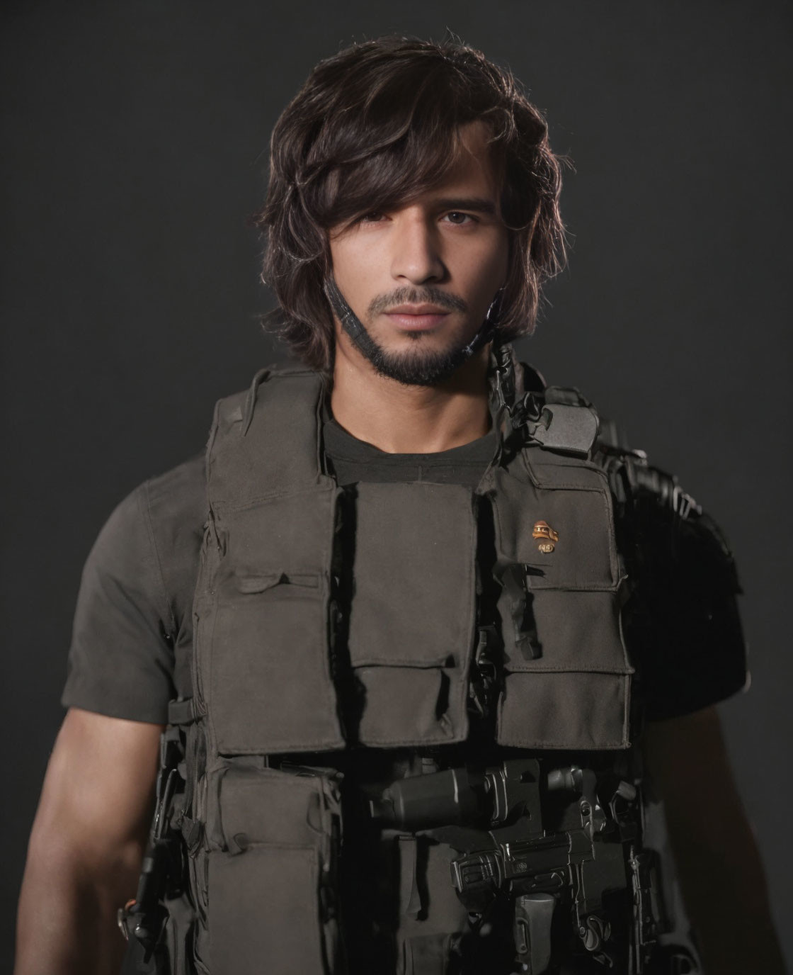 Long-haired man in tactical vest on dark background